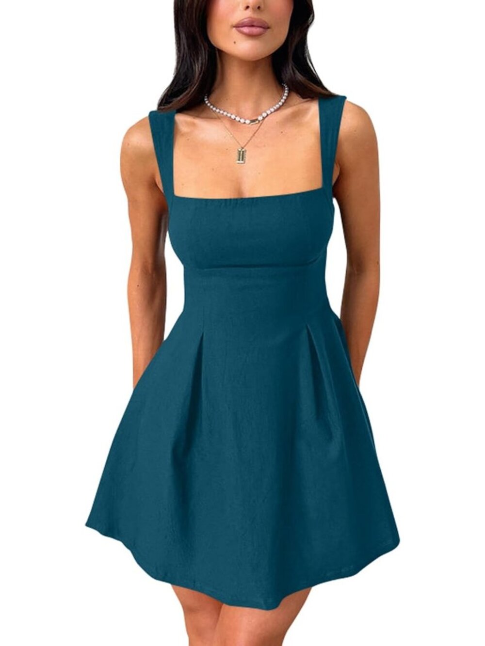 Women's Mini Dress Peacock Blue Square Neck Sleeveless A LINE Strap Summer Soft